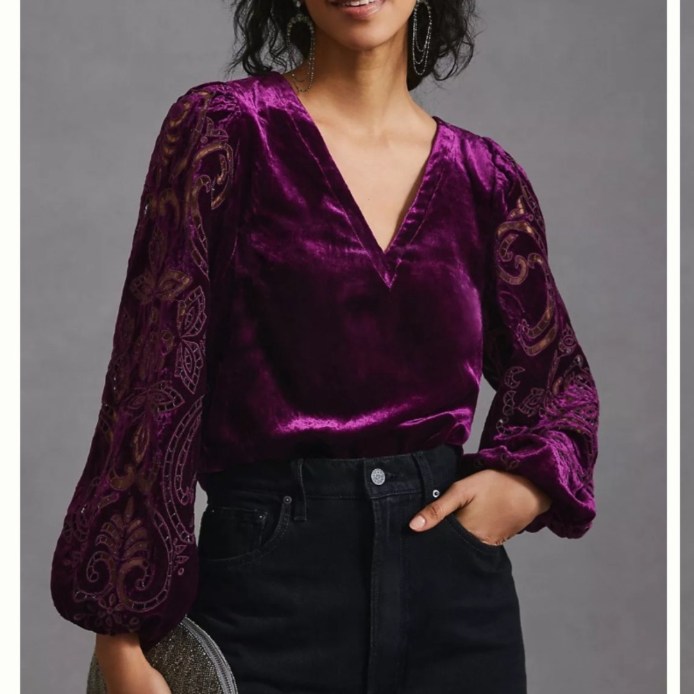 Anthropologie Rich Purple Velvet Cutwork Top